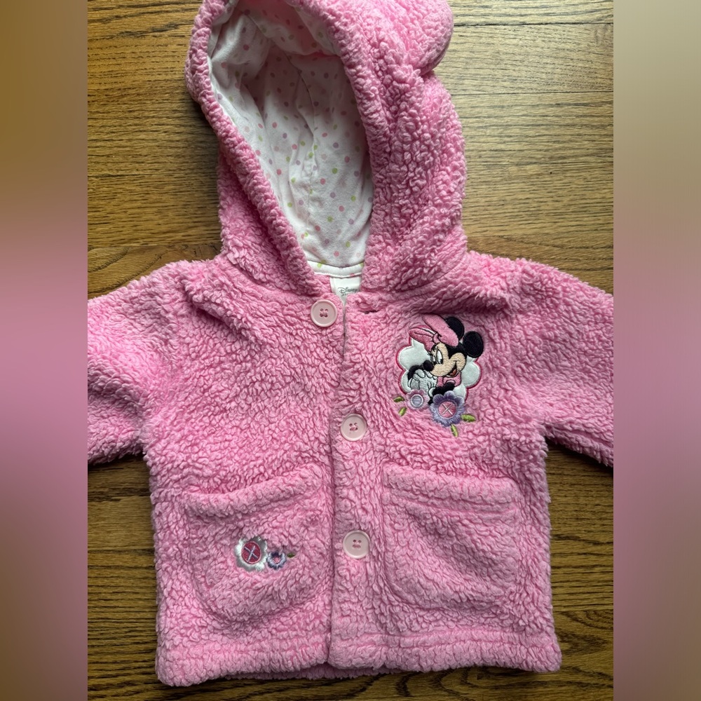 Disney store‎ pink Minnie Mouse size 6-12 months Sherpa button up hoodie